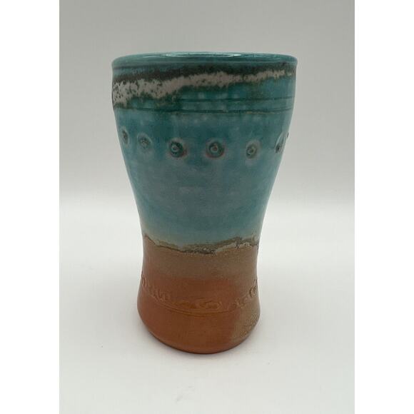Art Pottery Blue & Brown Glazed 5” Tumbler Cup Artist Signed - Picture 1 of 10
